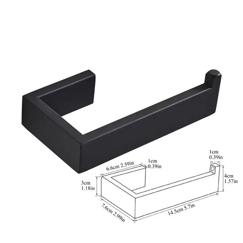 Matte black metal toilet paper holder with a modern rectangular design in a bathroom hardware set for bathroom storage