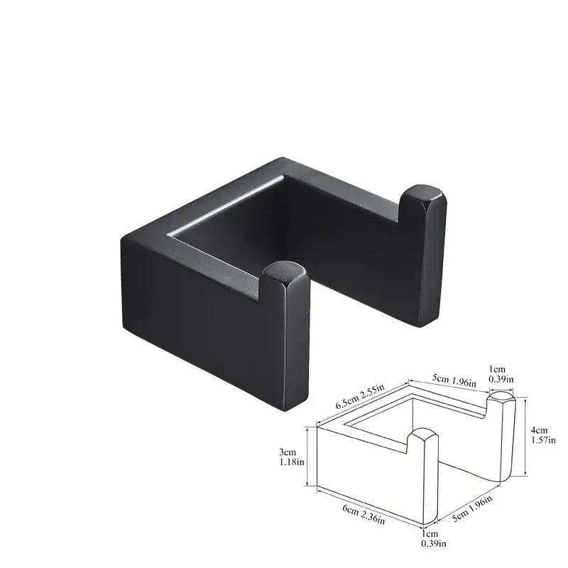 Matte black metal u-shaped hook with matte finish part of a bathroom hardware set for bathroom storage rack