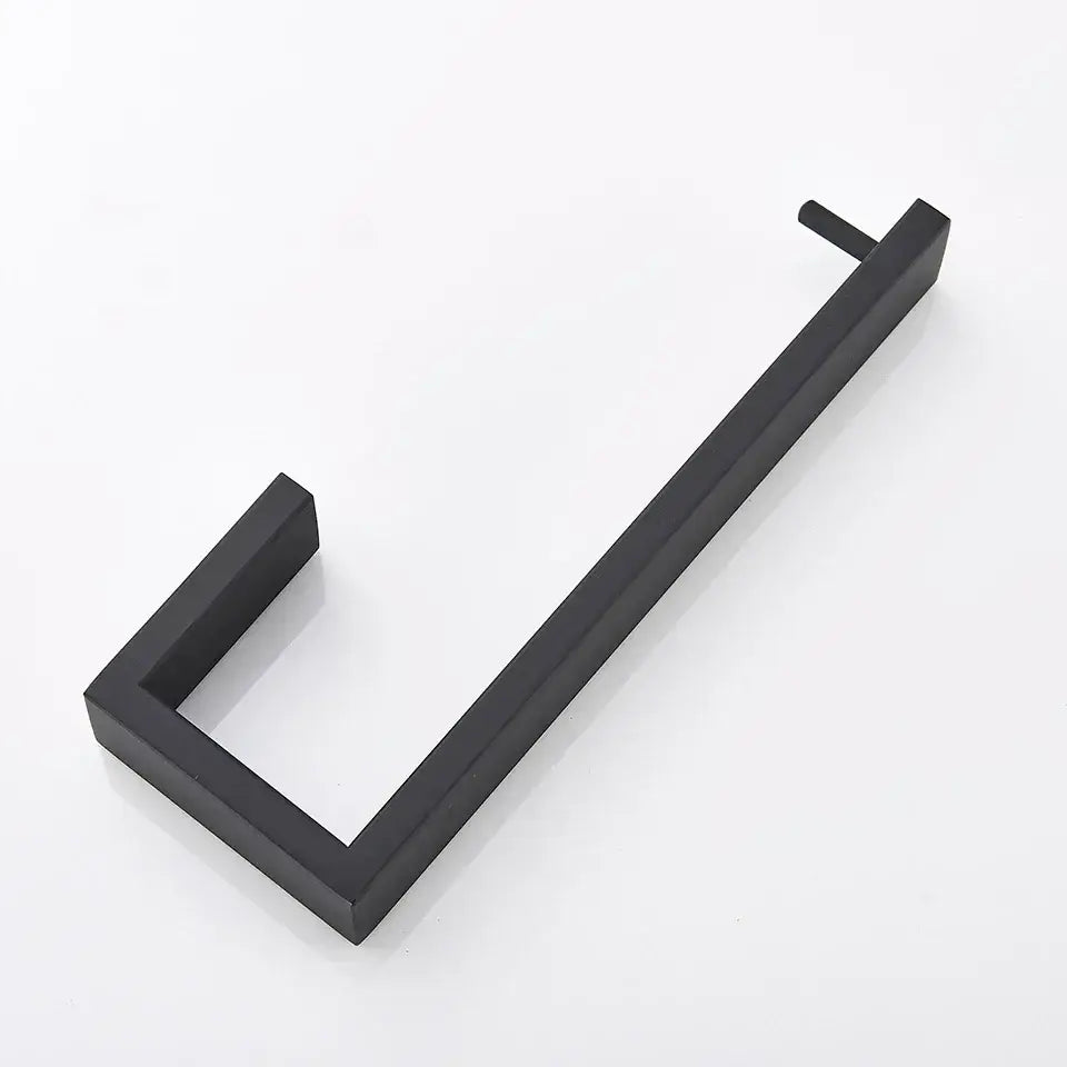 Matte black metal bathroom hardware set featuring a minimalist rectangular towel rack with a black matte finish