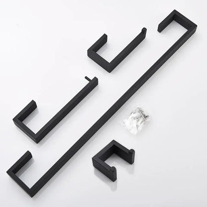 Matte black metal bathroom hardware set featuring a towel rack with four matching hooks and mounting hardware
