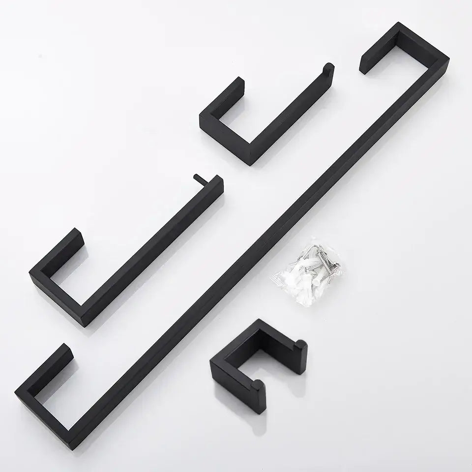 Matte black metal bathroom hardware set featuring a towel rack with four matching hooks and mounting hardware