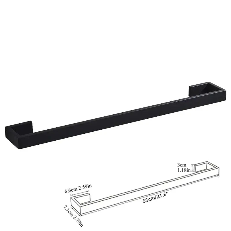 Matte black metal towel rack with rectangular ends in a sleek bathroom hardware set for modern storage solutions