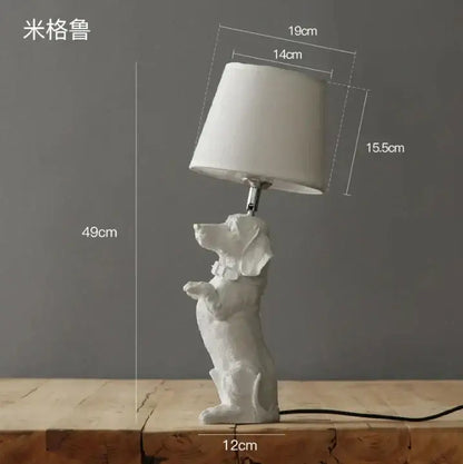 White ceramic puppy dogs table lamp shaped like a dachshund with white fabric shade for bedroom decor