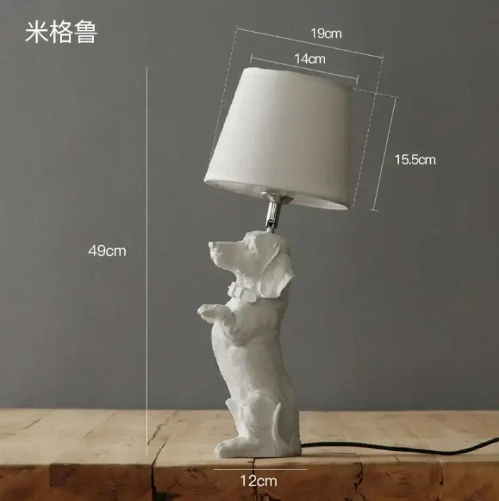 White ceramic puppy dogs table lamp shaped like a dachshund with white fabric shade for bedroom decor