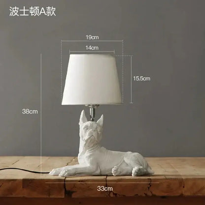 White ceramic bulldog-shaped table lamp with white fabric shade for puppy dogs table bedroom decor