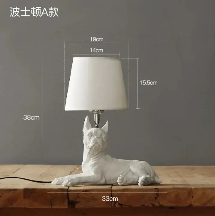 White ceramic bulldog-shaped table lamp with white fabric shade for puppy dogs table bedroom decor