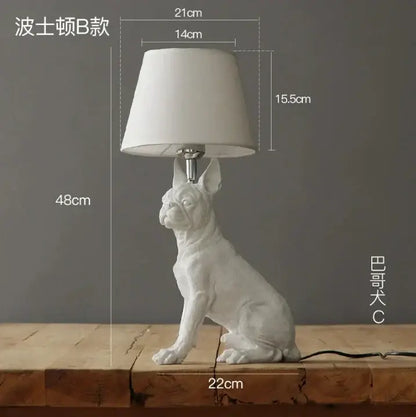 White ceramic french bulldog puppy dogs table lamp with matte finish and cream fabric shade for bedroom decor
