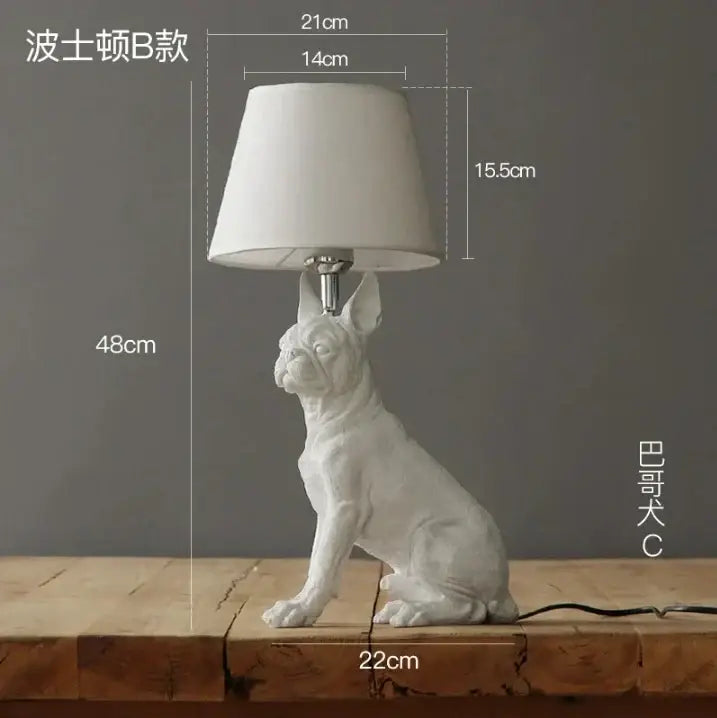 White ceramic french bulldog puppy dogs table lamp with matte finish and cream fabric shade for bedroom decor