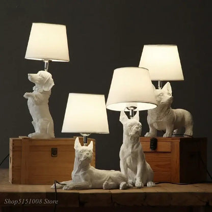 White ceramic puppy dogs table lamps with cream-colored lampshades for bedroom decor in matte black and off-white colors