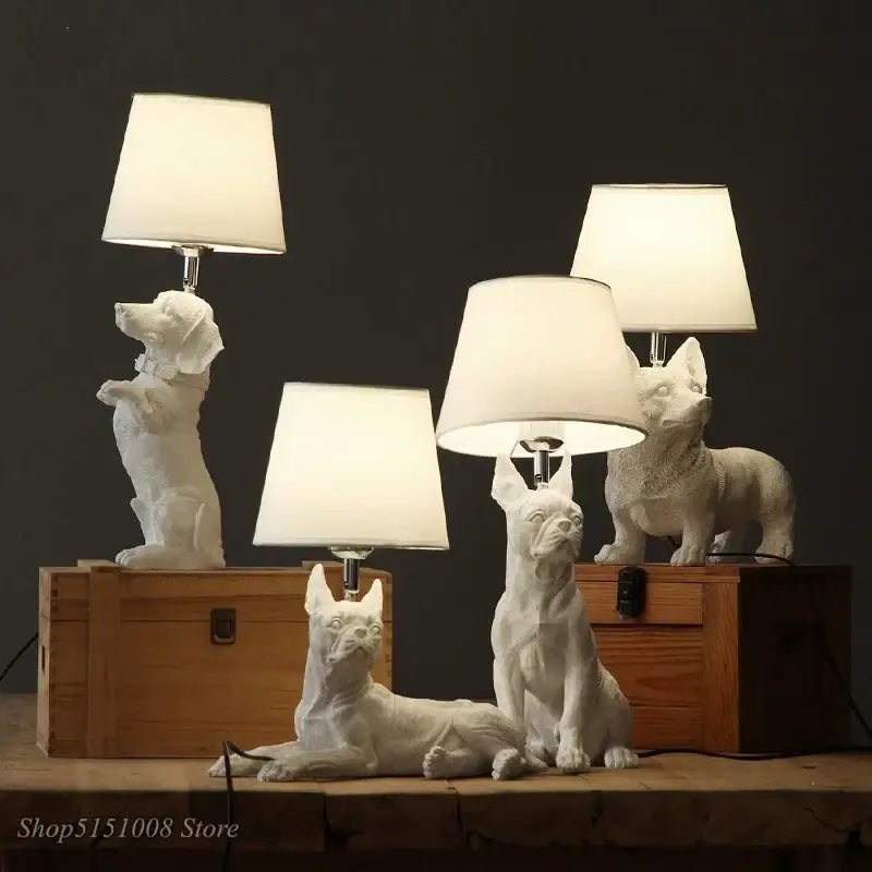 White ceramic puppy dogs table lamps with cream-colored lampshades for bedroom decor in matte black and off-white colors