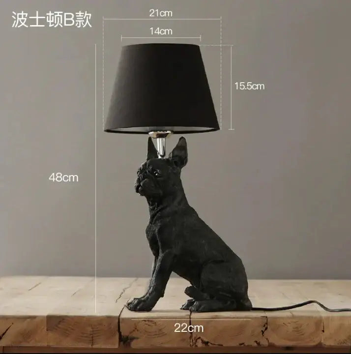 Matte black french bulldog puppy dogs table lamp with off-white accents and minimalist design for bedroom decor