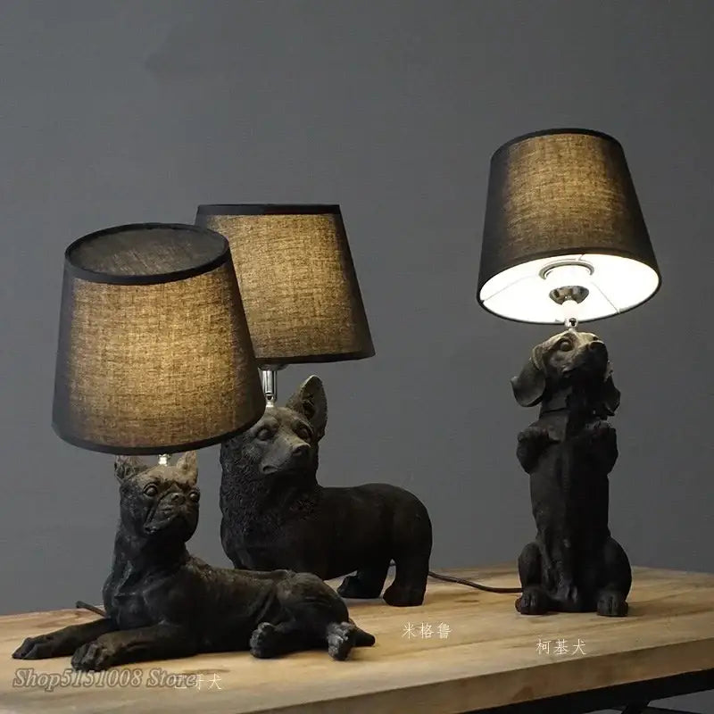 Three dark bronze puppy dogs table lamps with textured fabric shades for bedroom decor in matte black and off-white