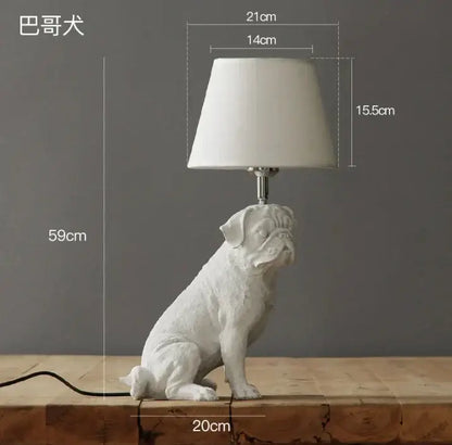 White ceramic bulldog puppy dogs table lamp with matte finish and tapered fabric shade for bedroom decor
