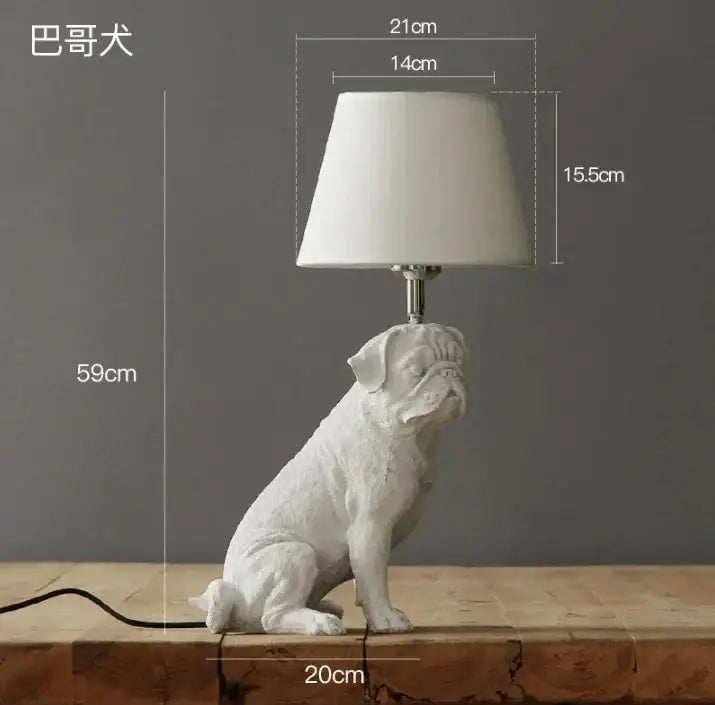 White ceramic bulldog puppy dogs table lamp with matte finish and tapered fabric shade for bedroom decor