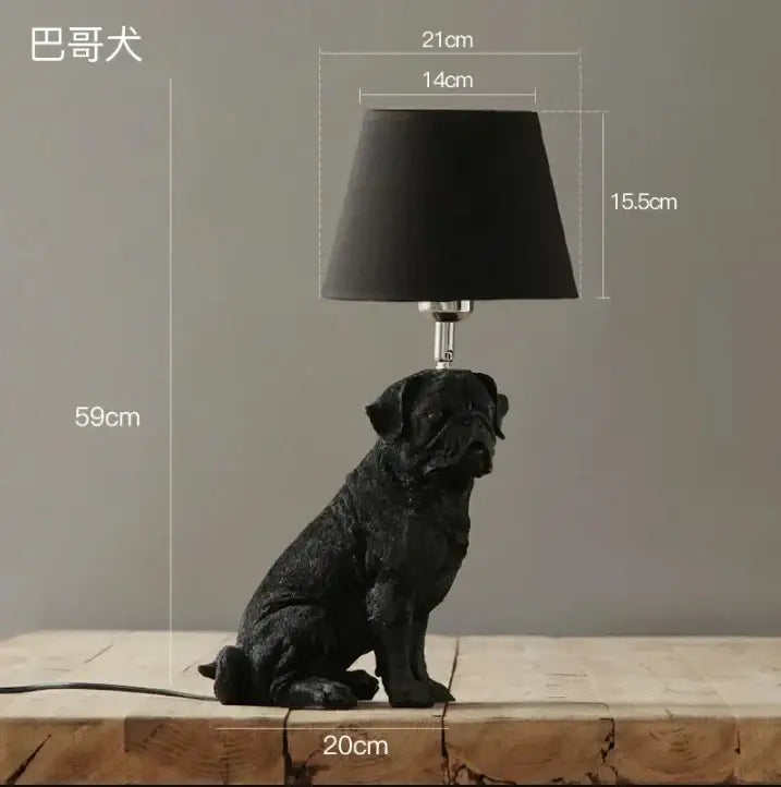 Matte black puppy dogs table lamp shaped like a pug with a matte finish and black conical shade for bedroom decor