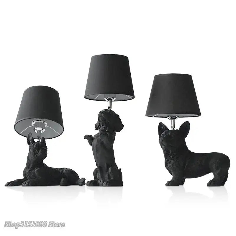 Set of three black resin puppy dogs table lamps with matte black and off-white shades for bedroom decor