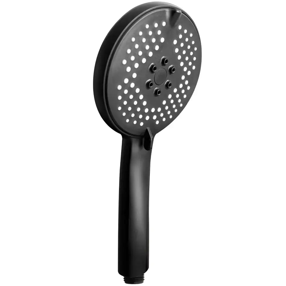 Matte black pressure boost shower head with hose featuring a circular matte-finish face and a central control button
