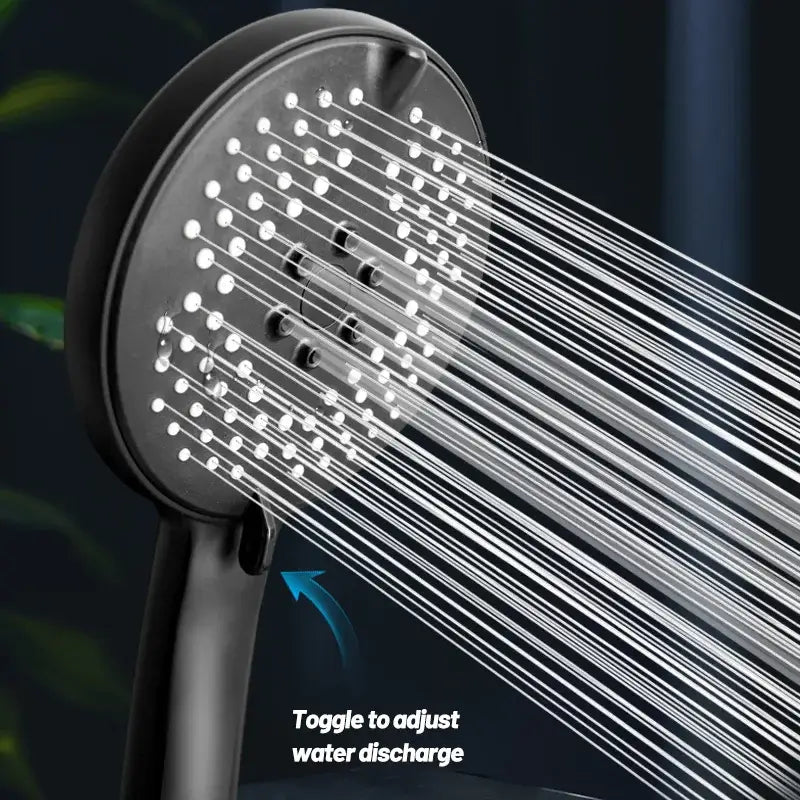 Matte black pressure boost shower head with hose featuring multiple nozzles spraying water evenly
