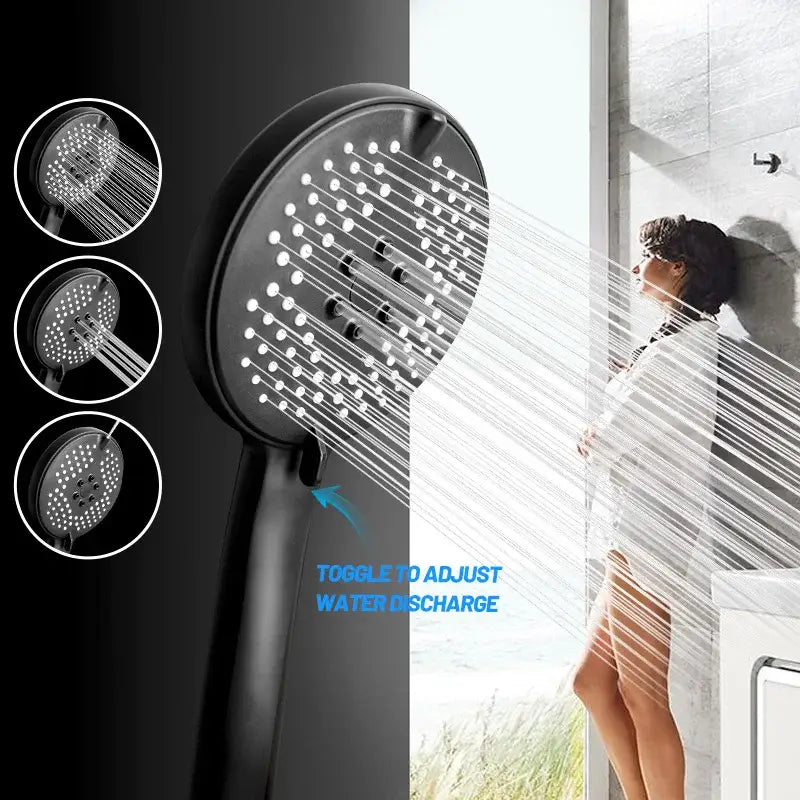 Matte black pressure boost shower head with hose featuring multiple spray settings and toggle for water discharge adjustment