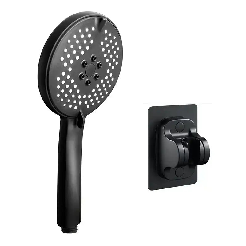 Matte black pressure boost shower head with circular perforated face and matching wall bracket for bathroom use