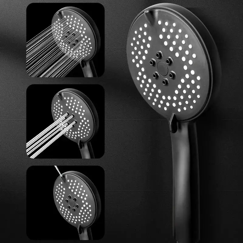 Matte black pressure boost shower head with hose featuring a circular matte finish spray nozzle and ergonomic handle