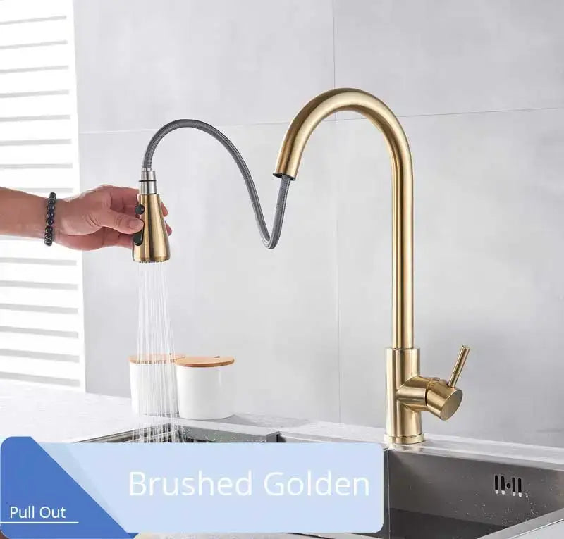 Matte black pull out kitchen faucet with high arc spout and brushed golden flexible hose decorbites black sus304 pull
