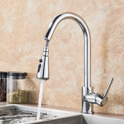 Chrome-finished kitchen faucet with sleek arched spout and single lever handle in a decorbites black sus304 style