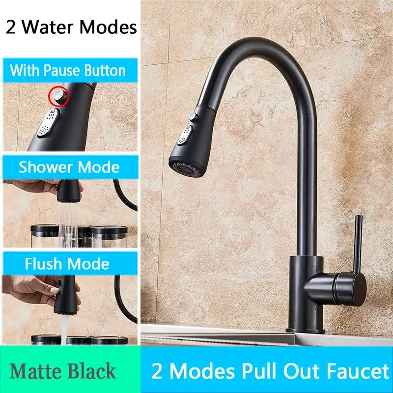 Matte black pull out kitchen faucet with high arc spout and integrated pause button in decorbites black sus304 finish