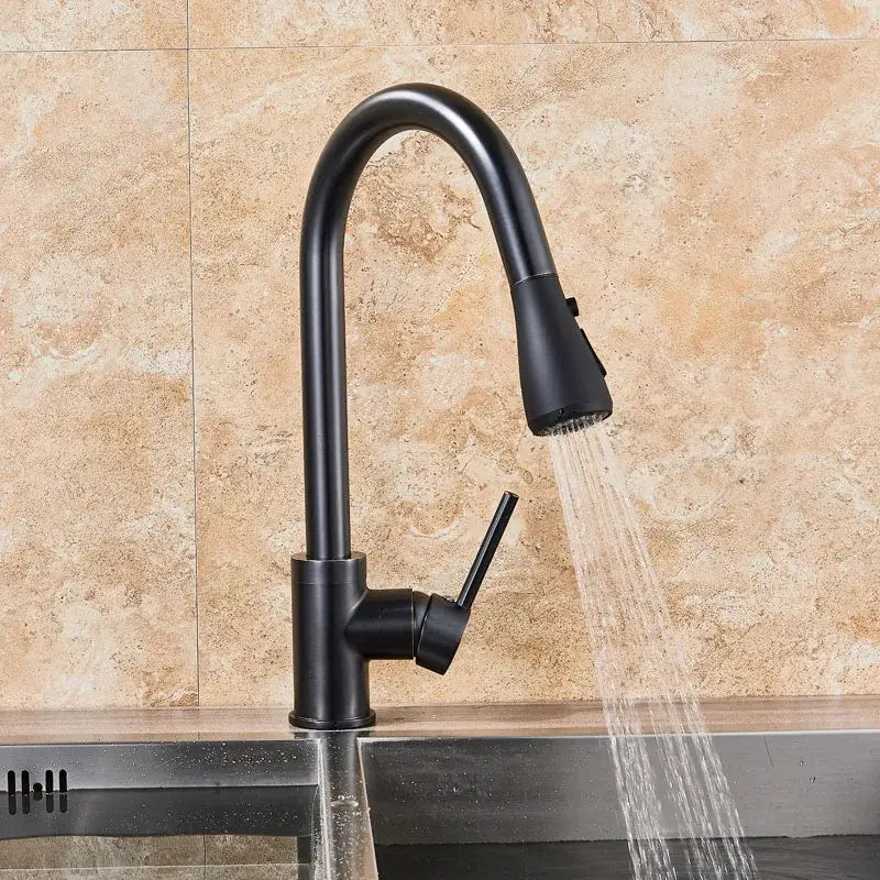 Matte black pull out kitchen faucet with high arc spout featuring black sus304 pull and decorbites black sus304 finish
