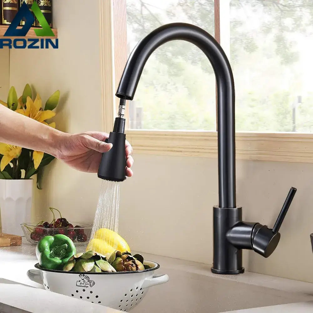 Matte black pull out kitchen faucet with high arc spout black sus304 pull by decorbites for modern kitchens