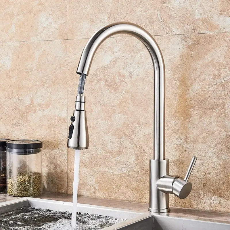 Matte black pull out kitchen faucet with high arc spout featuring black sus304 pull and decorbites black sus304 design
