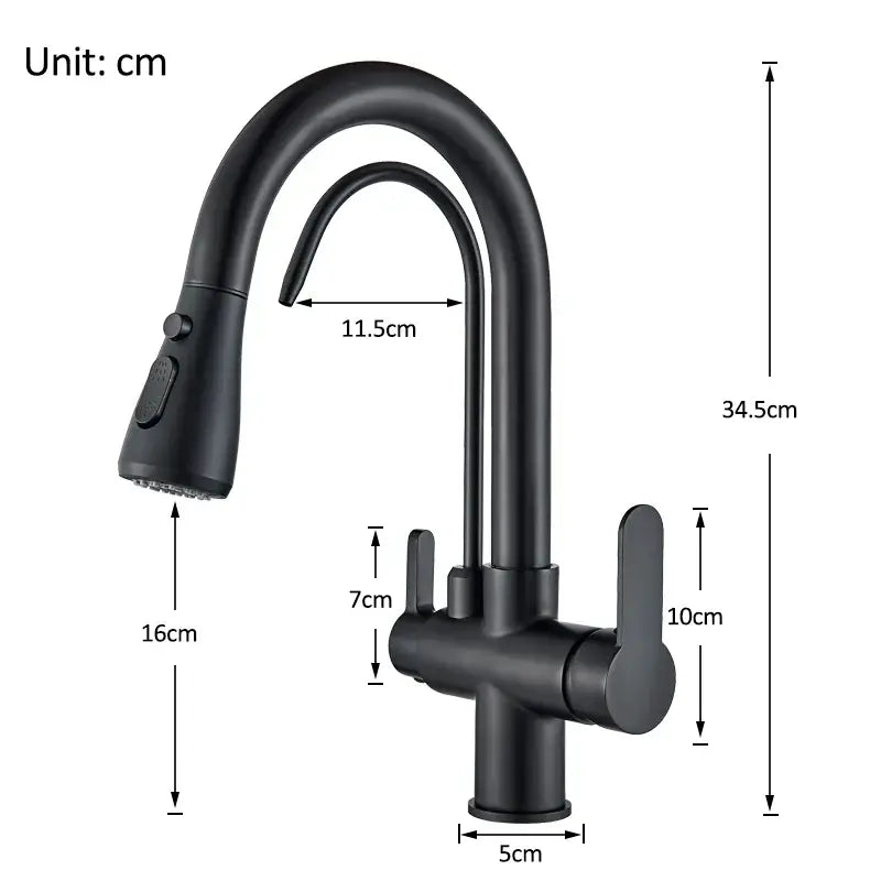 Matte black pull out kitchen faucet with water filter mixer featuring decorbites black pull dual handles and pull-down spray head