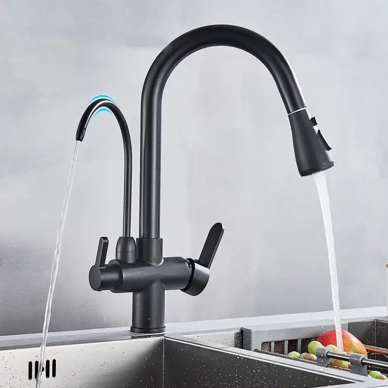 Matte black pull out kitchen faucet by decorbites with water filter mixer and dual handles for hot and cold water