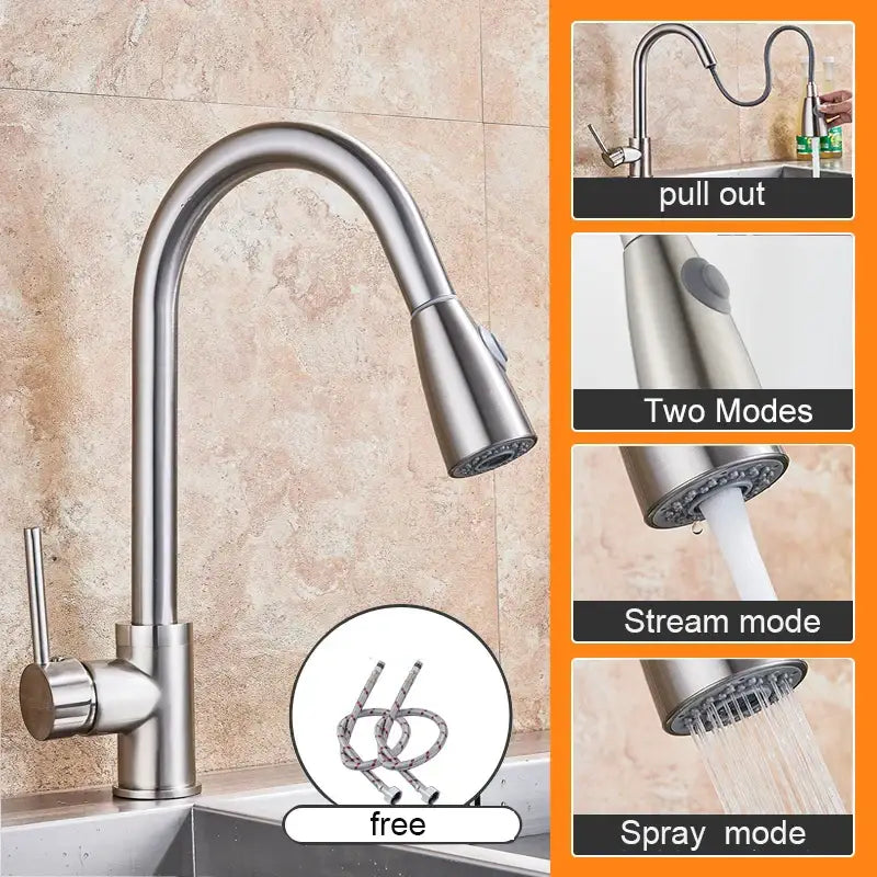 Matte black kitchen sink faucet with stainless steel pull-out spout and two spray modes for versatile use