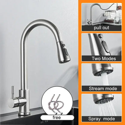Matte black stainless steel kitchen sink faucet with pull-out curved spout and dual spray stream modes