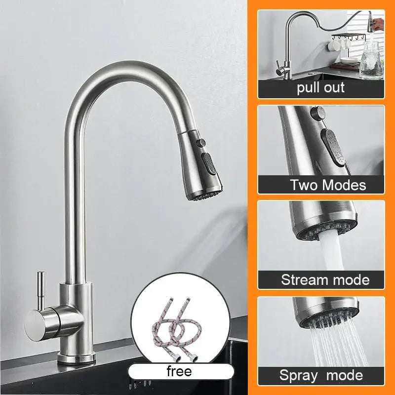 Matte black stainless steel kitchen sink faucet with pull-out curved spout and dual spray stream modes