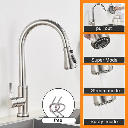Matte black stainless steel pull-out kitchen sink faucet with sleek curved spout and multiple spray modes for sink faucet use