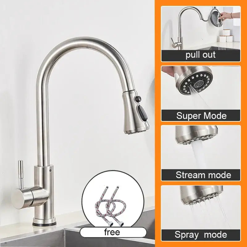 Matte black stainless steel pull-out kitchen sink faucet with sleek curved spout and multiple spray modes for sink faucet use