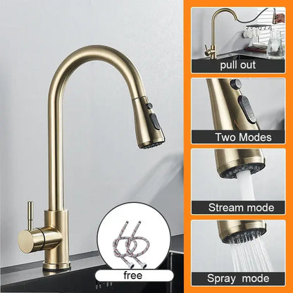 Matte black kitchen sink faucet with brass finish pull-out spout and dual spray stream modes for kitchen sink use