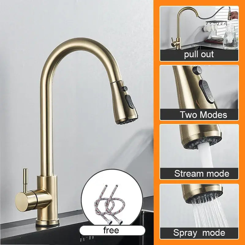 Matte black kitchen sink faucet with brass finish pull-out spout and dual spray stream modes for kitchen sink use