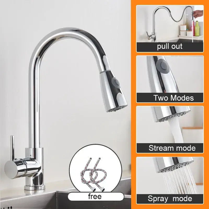 Matte black pull out kitchen sink faucet with chrome finish, sleek curved spout, and dual spray stream modes sink faucet