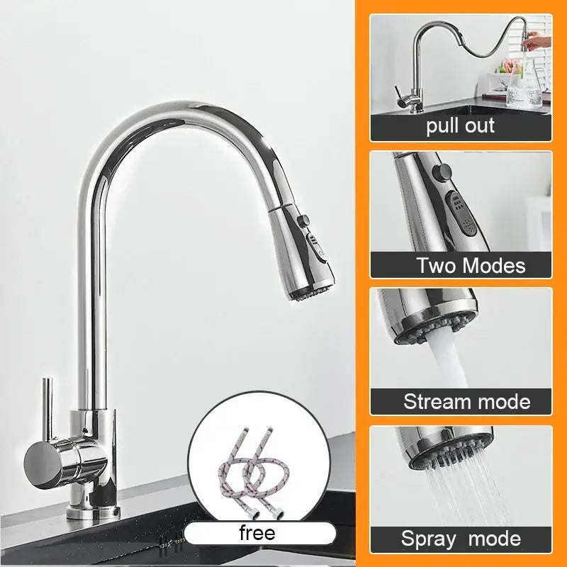 Matte black kitchen sink faucet with chrome finish pull-out spout and dual spray stream modes for versatile use