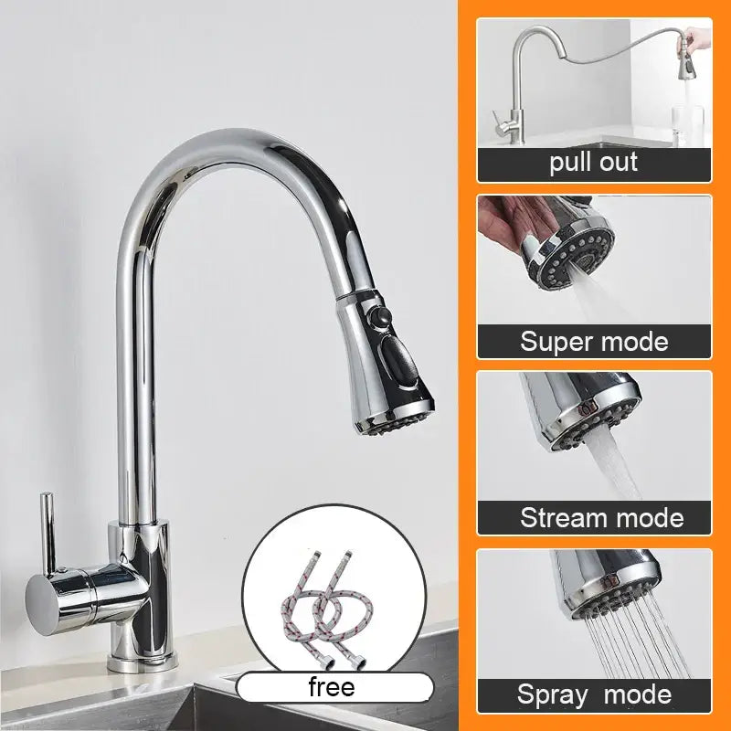 Matte black pull out kitchen sink faucet with chrome finish curved spout and multiple spray modes for kitchen sink use