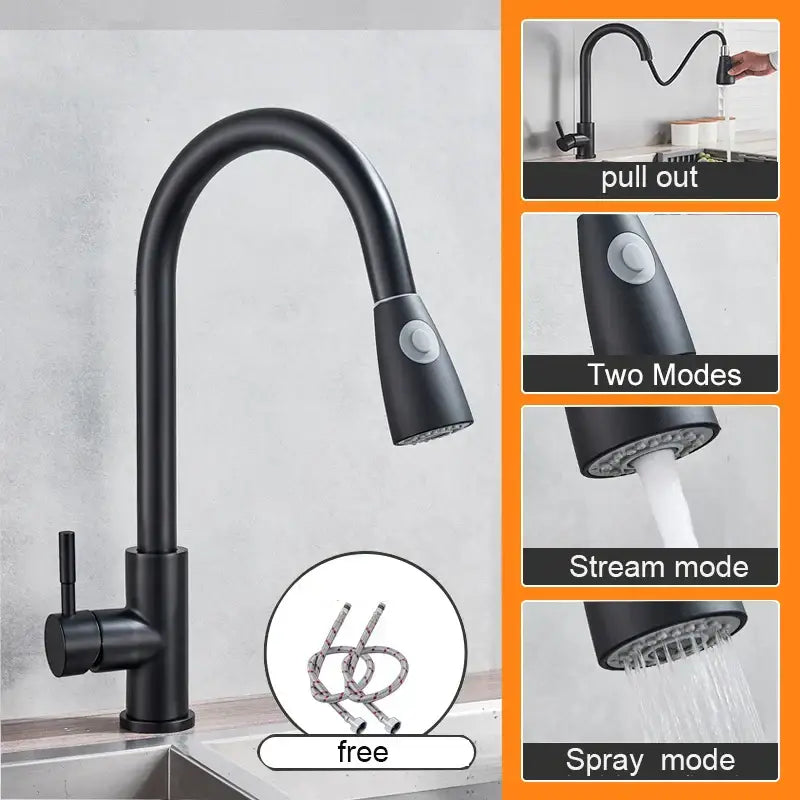 Matte black pull out kitchen sink faucet with black matte finish two spray modes and free hose included sink faucet