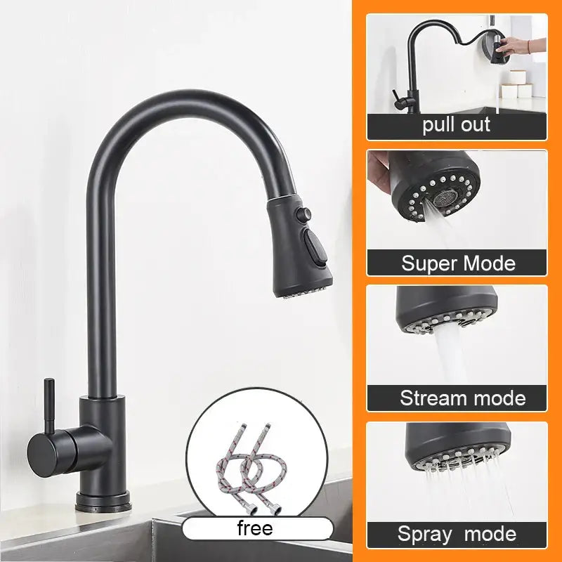 Matte black pull out kitchen sink faucet with black matte finish, stream sprayer, and multiple water flow modes