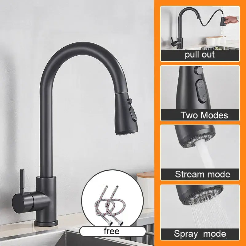 Matte black pull out kitchen sink faucet with flexible hose and dual spray stream settings for versatile use