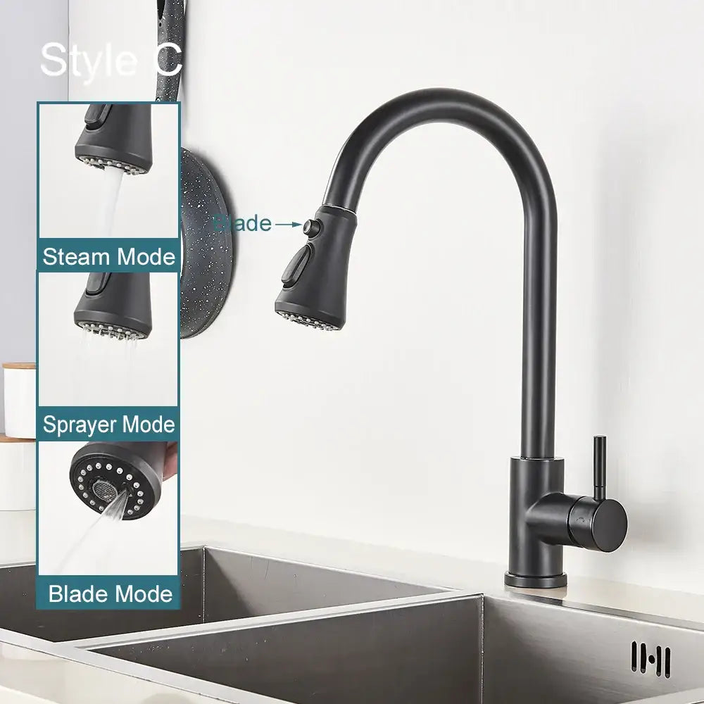Matte black pull out kitchen sink faucet with black matte finish curved spout and multi-mode stream sprayer sink faucet