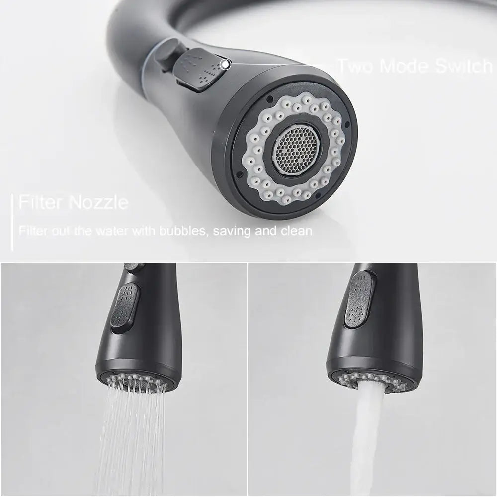 Matte black pull out kitchen sink faucet with filter nozzle and stream sprayer for efficient water flow and cleaning