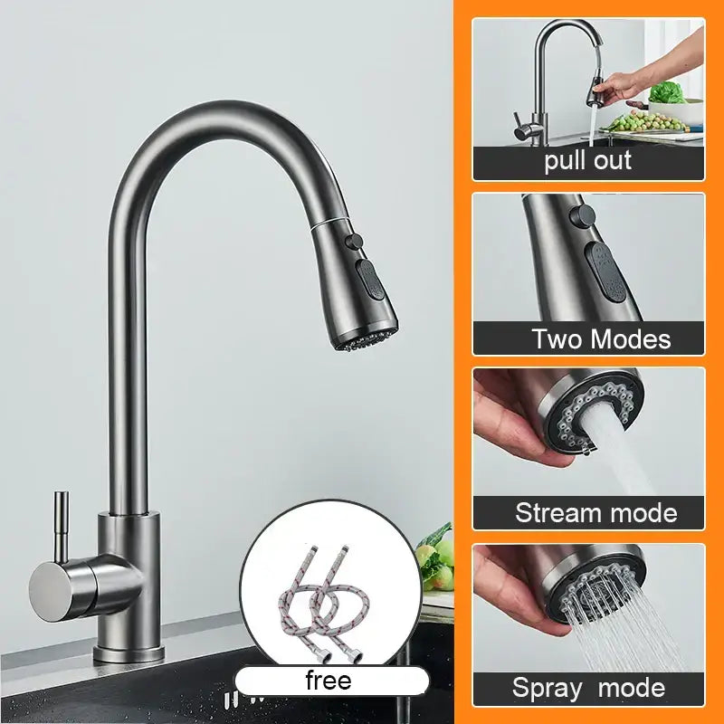 Matte black pull out kitchen sink faucet with black matte finish, curved spout, and dual spray stream modes for kitchen sink