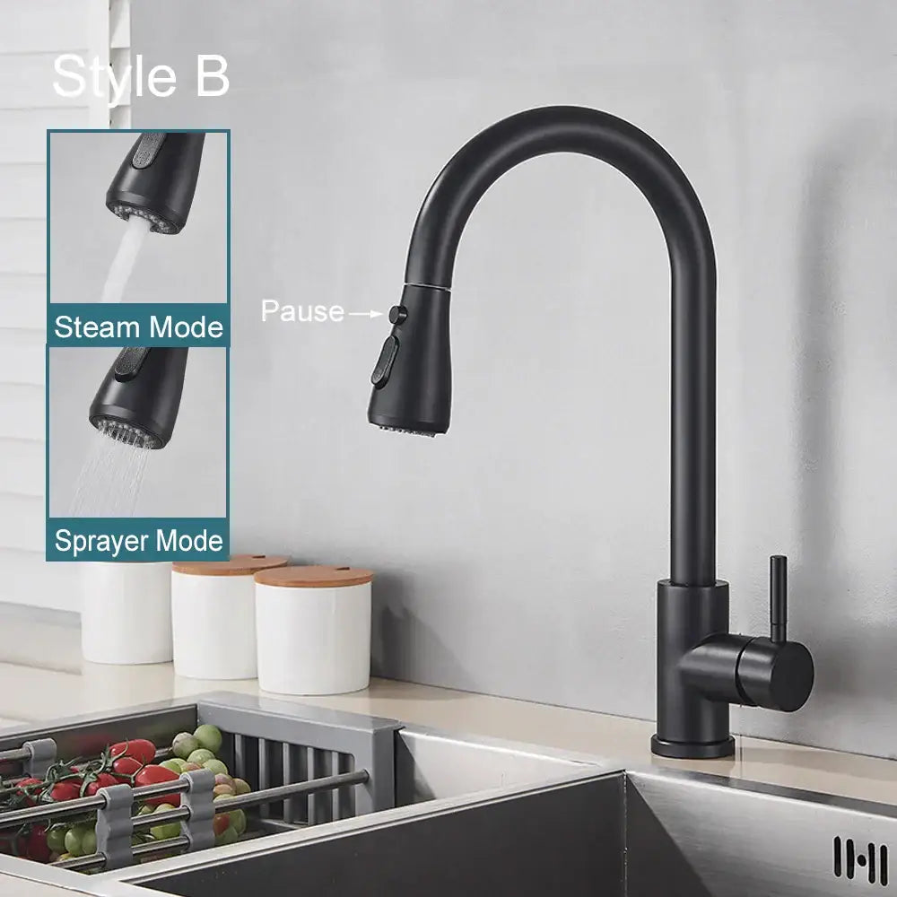 Matte black pull out kitchen sink faucet with pull-down spray head and pause function for modern kitchen sink use
